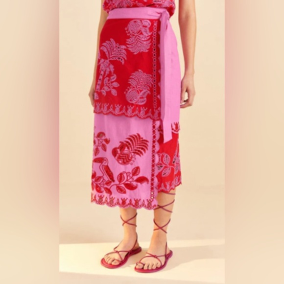 Farm Rio: Pink/Red Embroidered Linen Blend Wrap Midi Skirt - Picture 1 of 6
